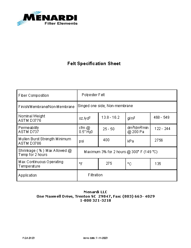 4 5/8" × 124" Pulse Jet Polyester Filter Bag | Singed Inside