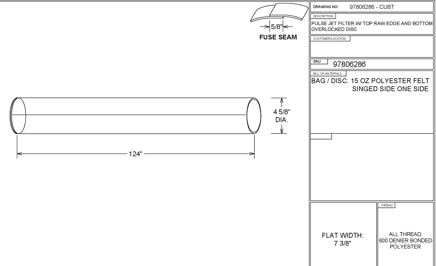 Technical drawing of a cylindrical component with dimensions and specifications