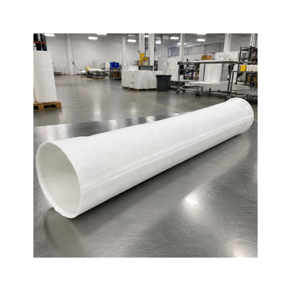 Raw edge filter bag on a shiny floor in a warehouse setting