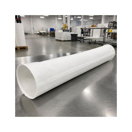 Raw edge filter bag on a shiny floor in a warehouse setting