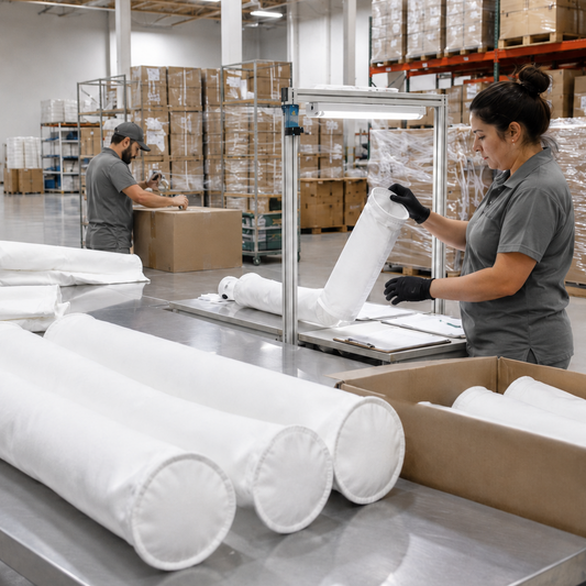 Workers packaging materials in a warehouse setting