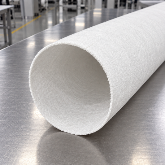 A close-up of a large white fibrous filter with a textured surface, resting on a brushed stainless steel workbench in an industrial setting.